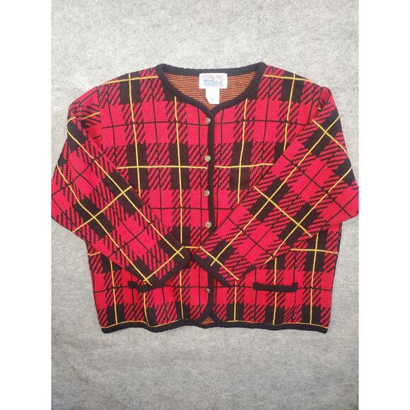 Vintage Tally-Ho Size 1X Red Black & Yellow Plaid Cardigan Sweater - Picture 1 of 6